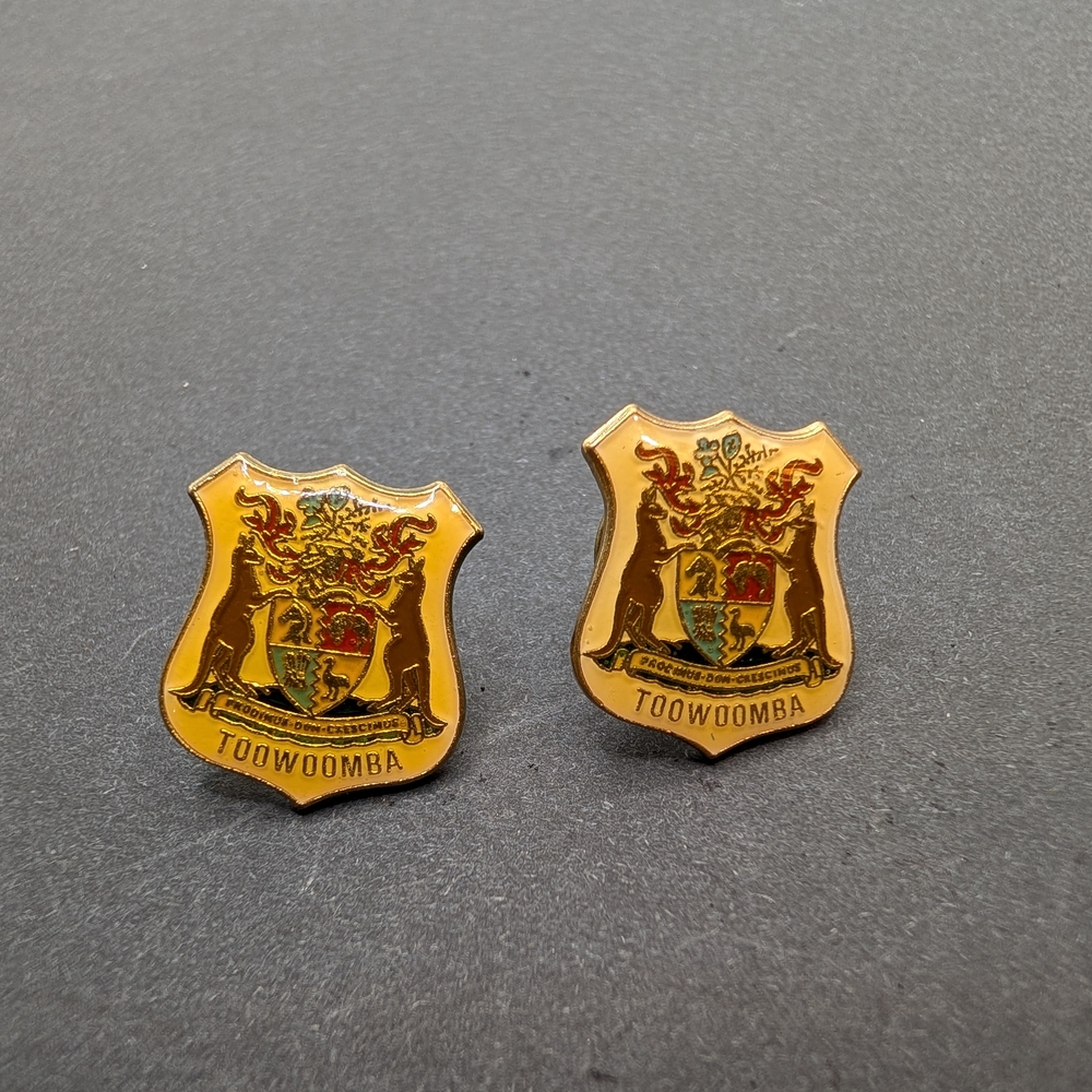 Vintage Gold and Multicolor Crest Brooch Pair